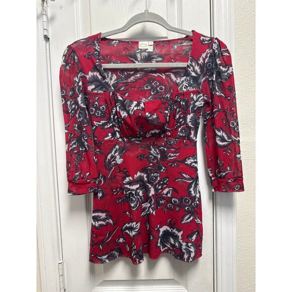 Vinatge Y2K Johnny Heaven Red Floral Mesh Puff Sleeve Baby Doll Top Size Small - Picture 2 of 5